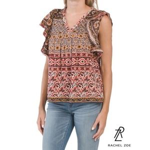 Rachel Zoe Short Sleeve V-neck 100% Cotton Slub Knit Blouse Top Burgandy L